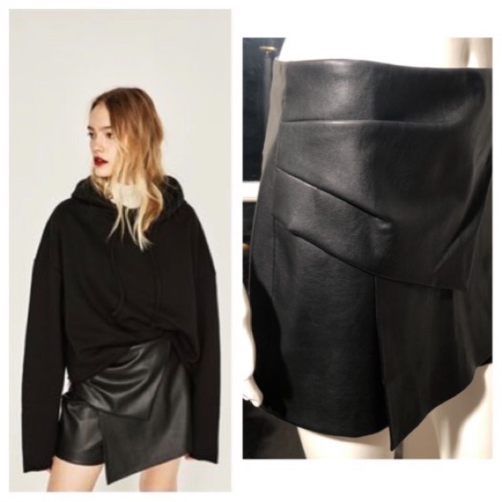 Zara black faux leather asymmetrical shorts